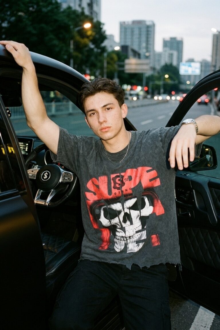 A young man in the graphic tee leaning against a car door on a city street at dusk.