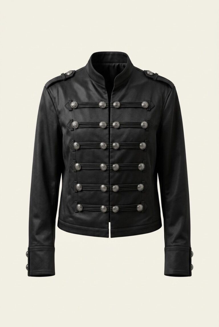 The military-band leather jacket as a product shot on a plain background.