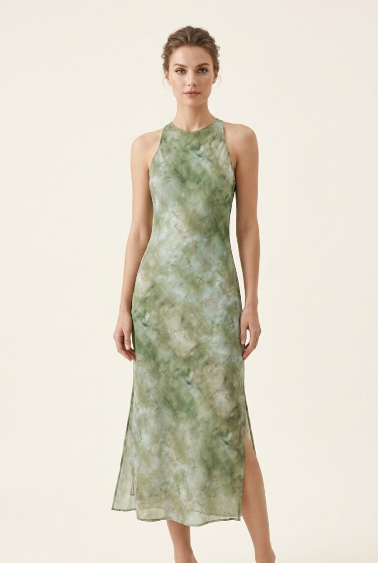 The green printed halter dress as a product shot on a plain background.