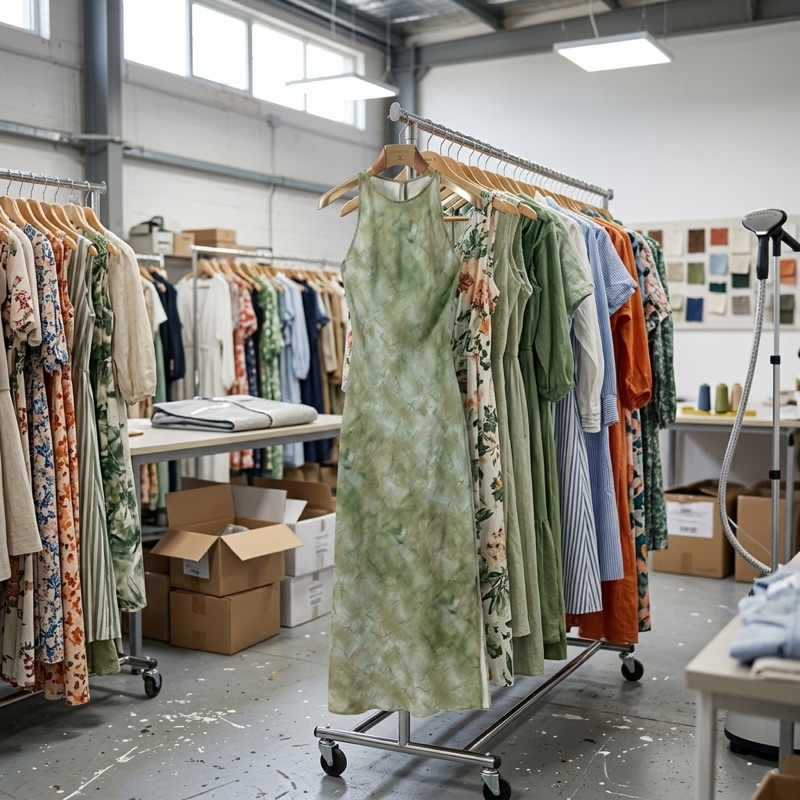 A green printed halter dress on a hanger among a rail of sample garments in a factory.