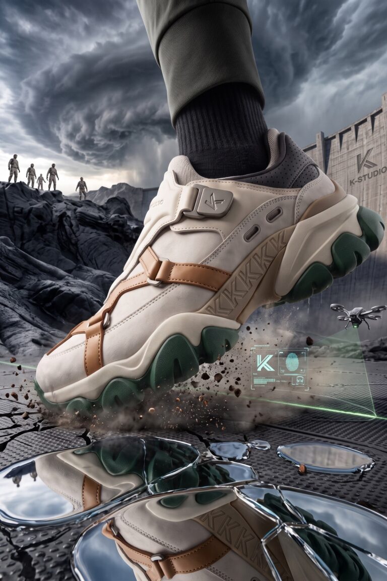 The sneaker on a foot, shot low against a dramatic stormy background.