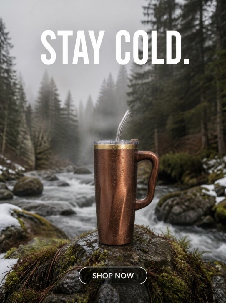 A finished advertisement: the copper insulated tumbler on a mossy rock beside a river, headlined "Stay cold." above a "Shop now" button.