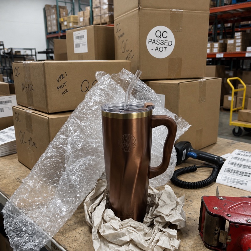 A copper insulated tumbler with a straw, part-wrapped in bubble wrap beside cartons marked QC passed.