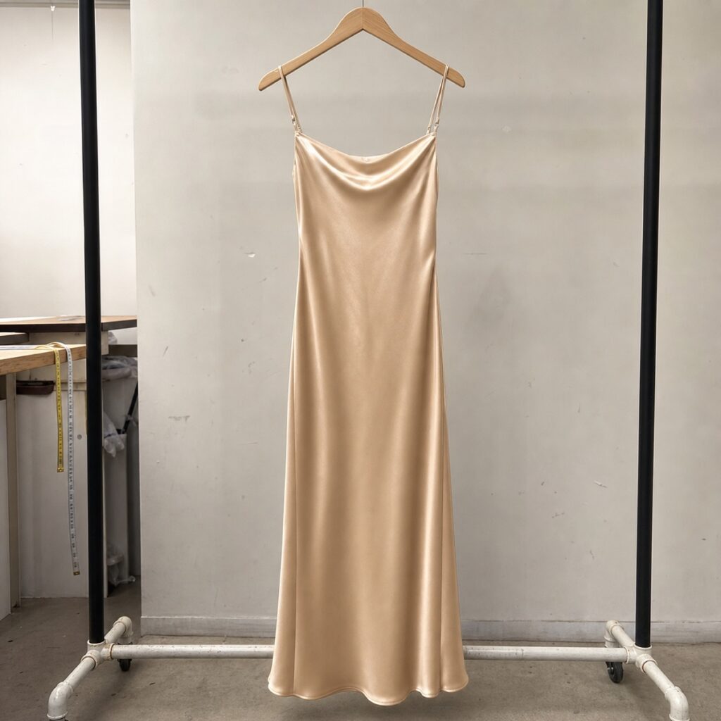 A champagne satin slip dress on a hanger against a bare factory wall, with a tape measure and cutting table behind it — a quality-control photo.
