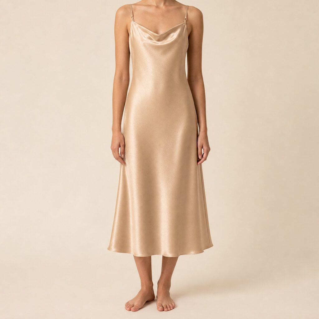 The same champagne satin slip dress shown on a model against a plain studio backdrop, generated by AI Studio from the quality-control photo.