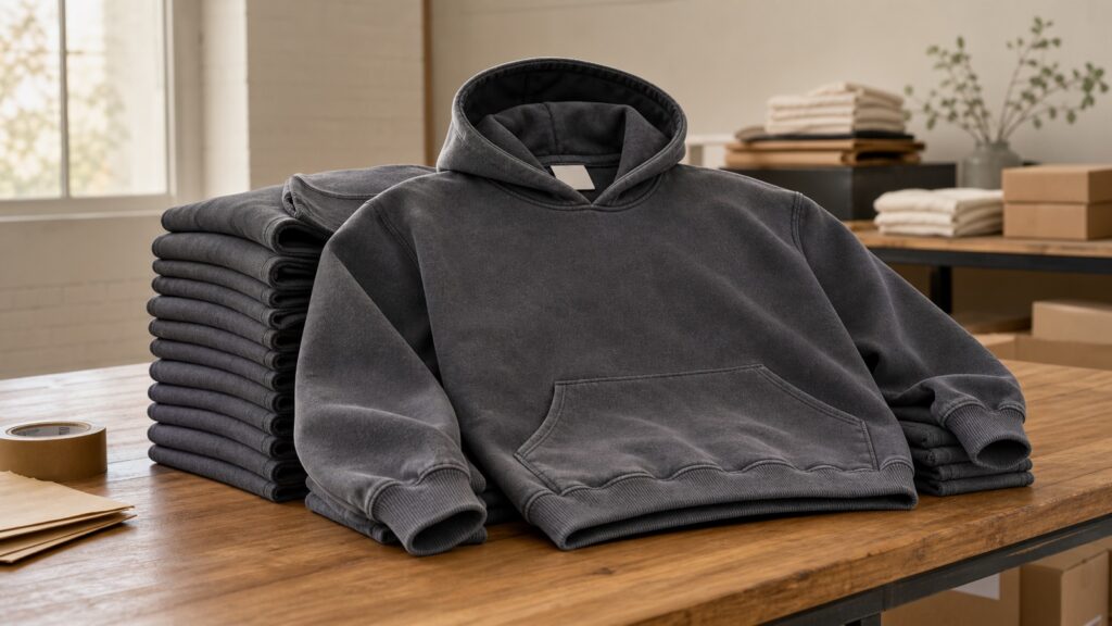 A washed charcoal hoodie laid on a workbench in front of a folded stack of the same style, with kraft packaging beside it.