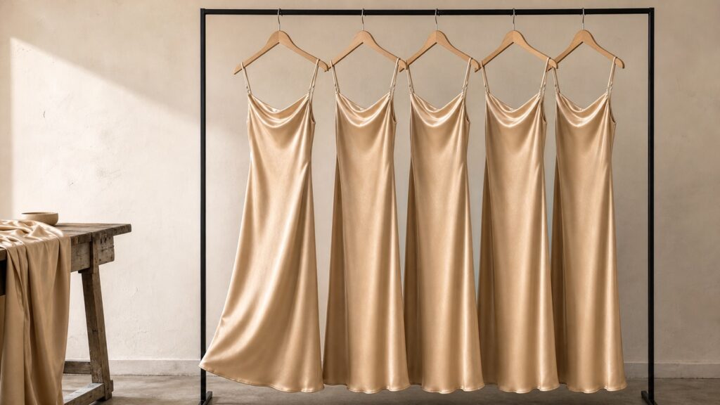 Five champagne satin slip dresses hanging on a black clothing rail against a plaster wall, with folded satin on a wooden bench beside them.