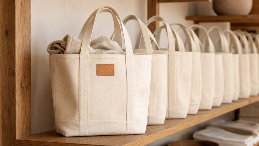A row of natural canvas tote bags with tan leather patches, lined up on an oak shelf.