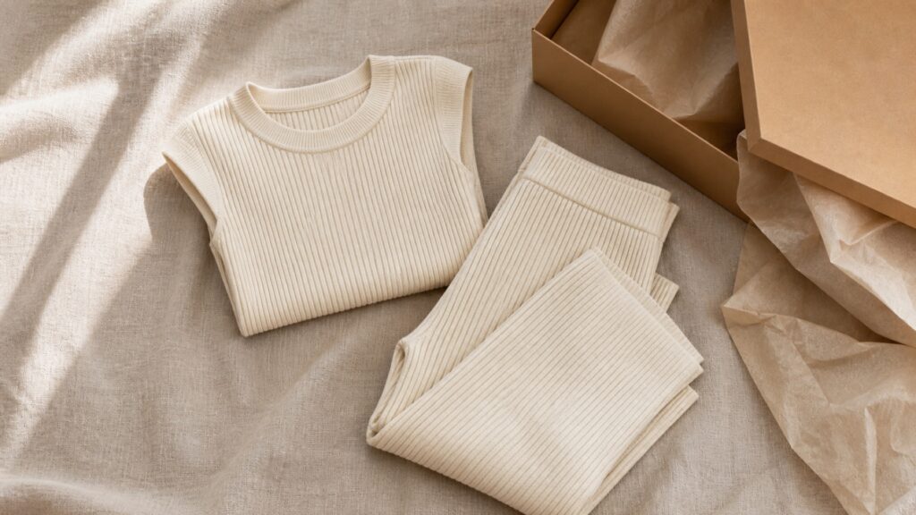 The same cream ribbed knit top and trousers, folded on linen beside an open kraft gift box lined with tissue paper.