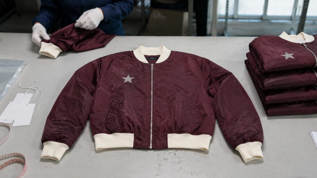 The same burgundy bomber jacket finished and laid out on a factory inspection table, with a folded stack of them alongside and a gloved worker checking a sleeve.