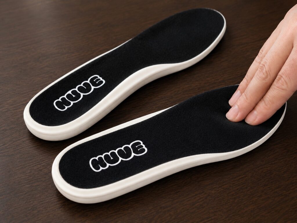 A pair of finished NUVE insoles on a dark wood table — black brushed top surface with the NUVE logo, on a cream shock-absorbing base — with a hand pressing into one of them.
