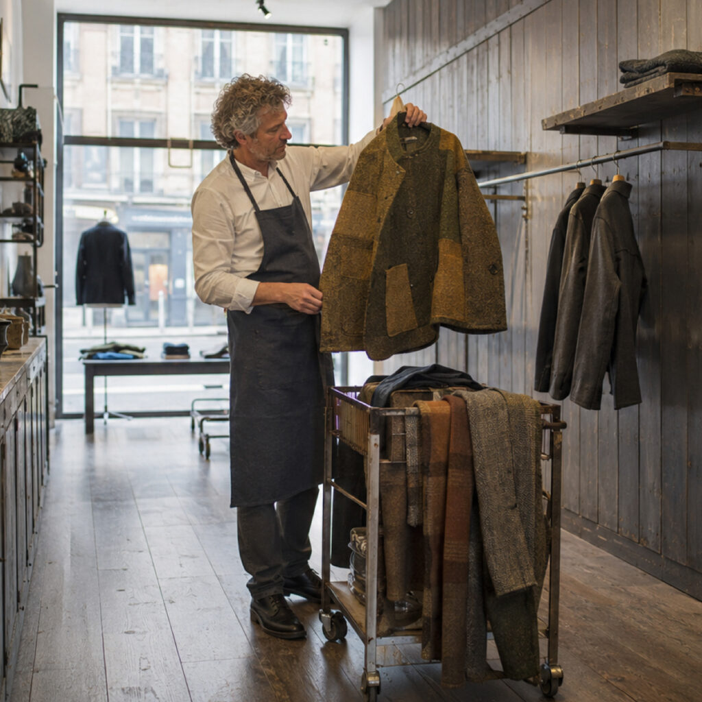 A boutique owner checking a jacket on the rail in their own shop.
