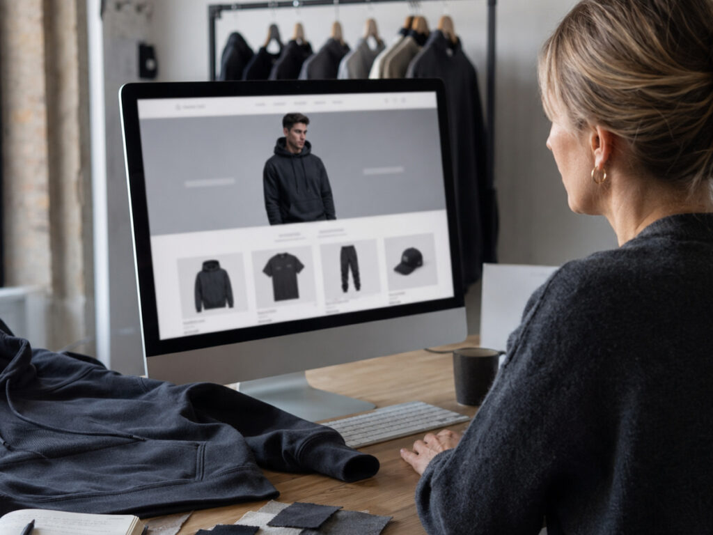 Someone at a desktop computer reviewing a product page for a jacket, fabric swatches on the desk.