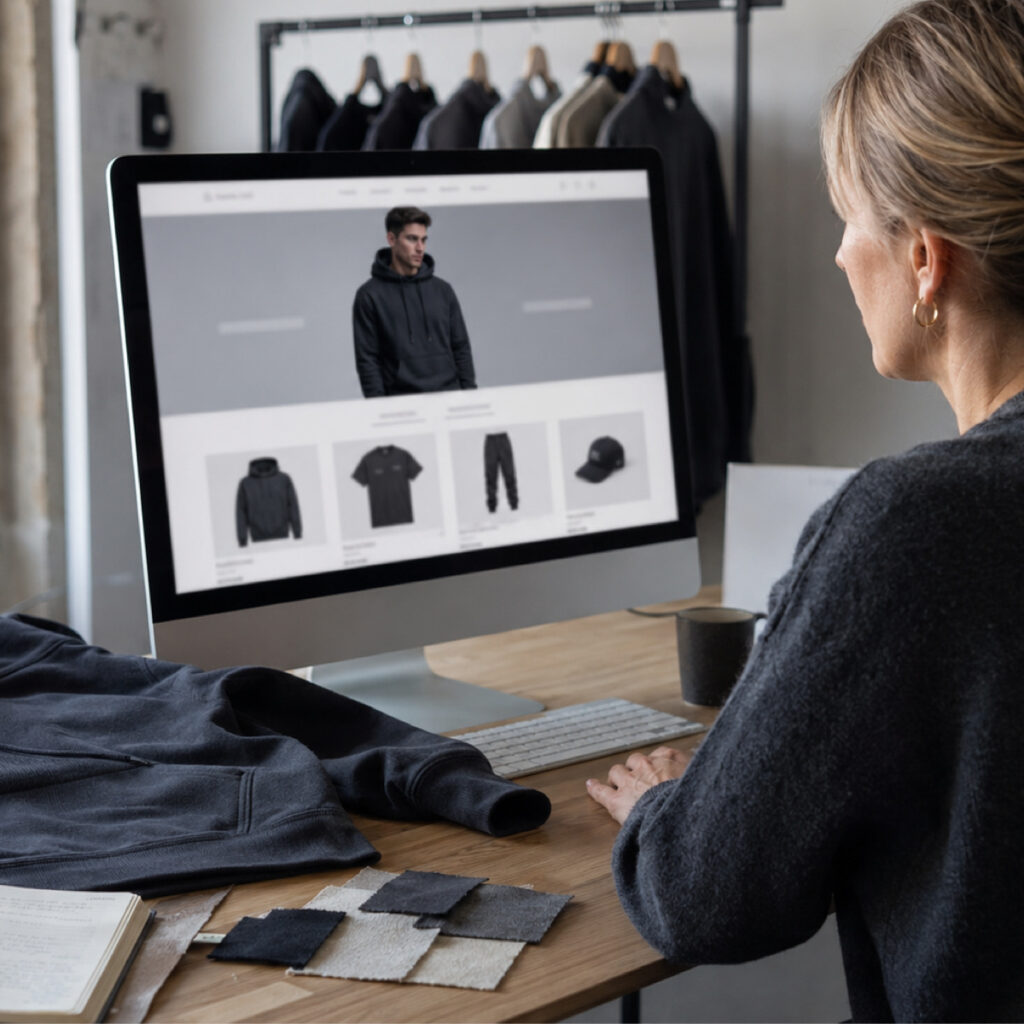 A brand owner reviewing their own product page on a desktop, fabric swatches and a folded garment on the desk.