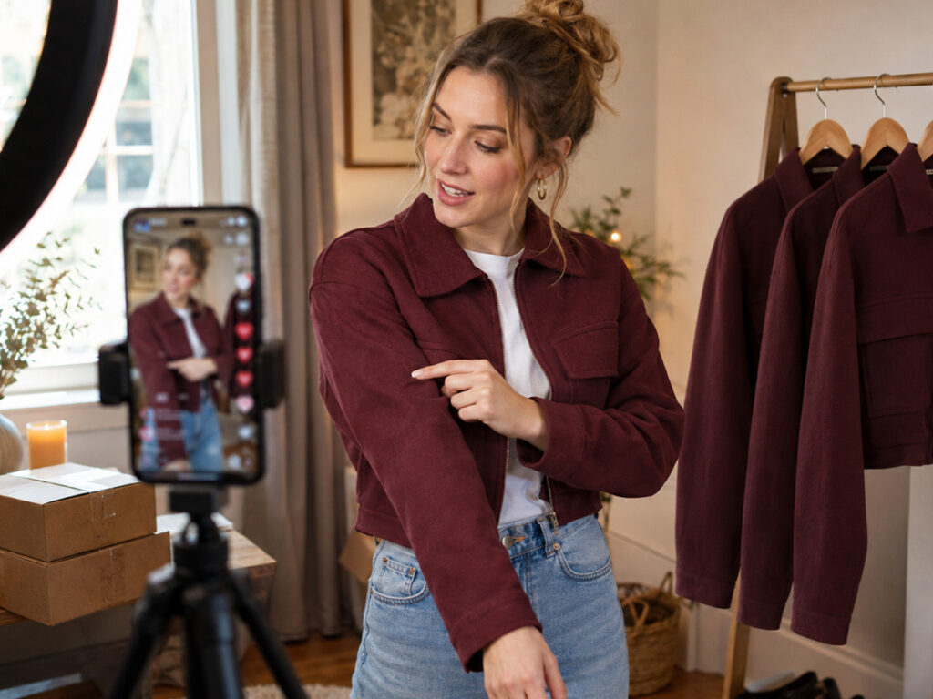 A woman in a burgundy jacket filming herself on a phone mounted on a tripod, with a rail of the same jacket behind her.
