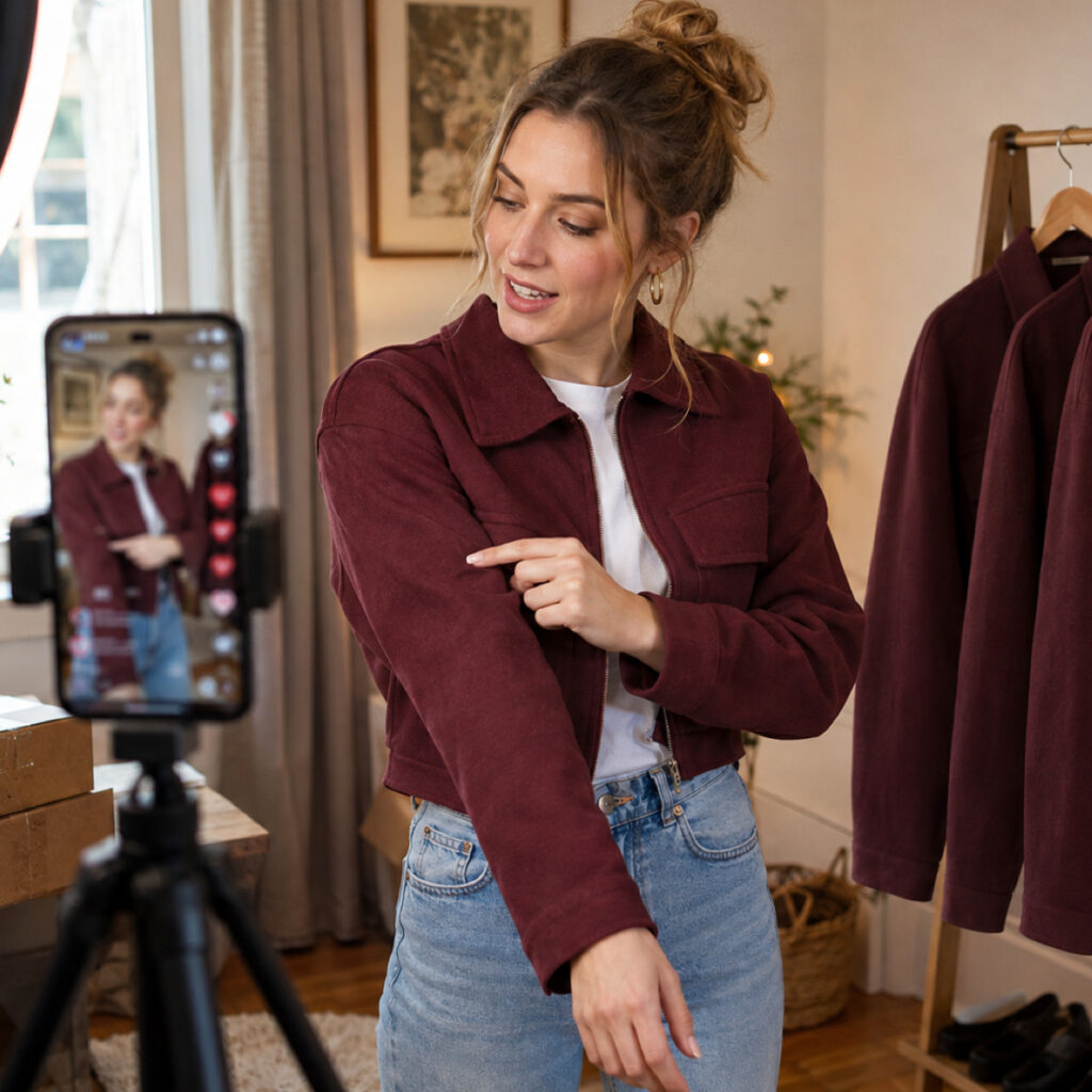 A creator filming herself on a tripod-mounted phone at home, a rail of garments behind her.