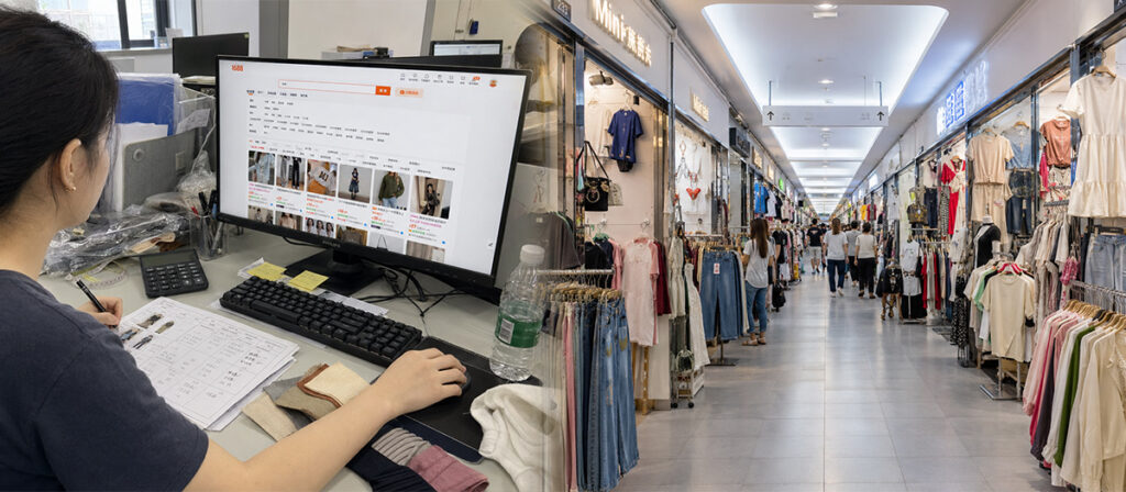 Split image: a sourcing buyer at a monitor showing the 1688 wholesale platform with fabric swatches on the desk, beside a corridor of garment stalls in a Chinese wholesale market.