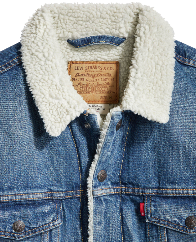 Denim trucker jacket collar with thick sherpa lining visible inside the shell.