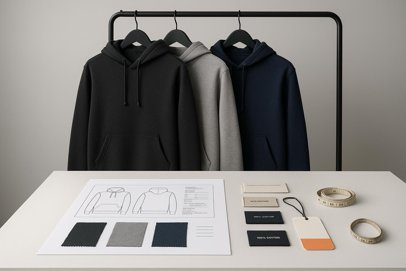 Private label hoodies with tech pack, fabric swatches and garment labels