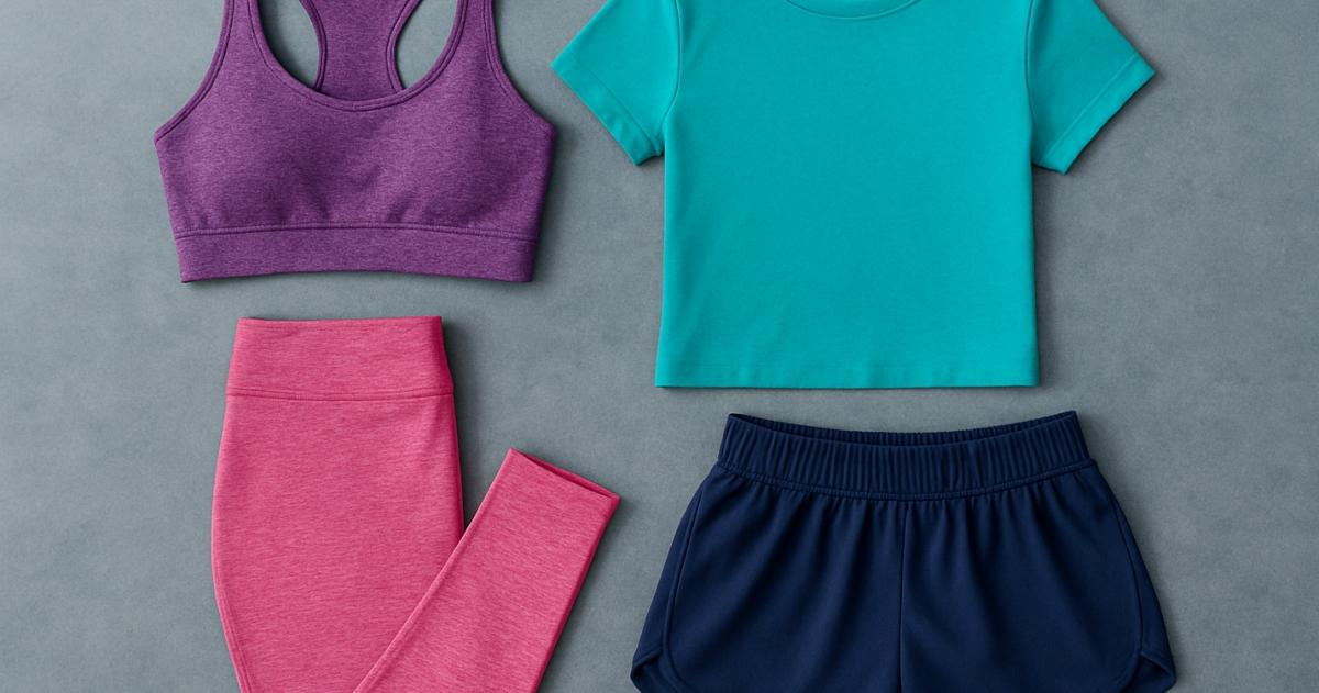 Men's and women's activewear collection with sports bra, leggings, training T-shirt and athletic shorts
