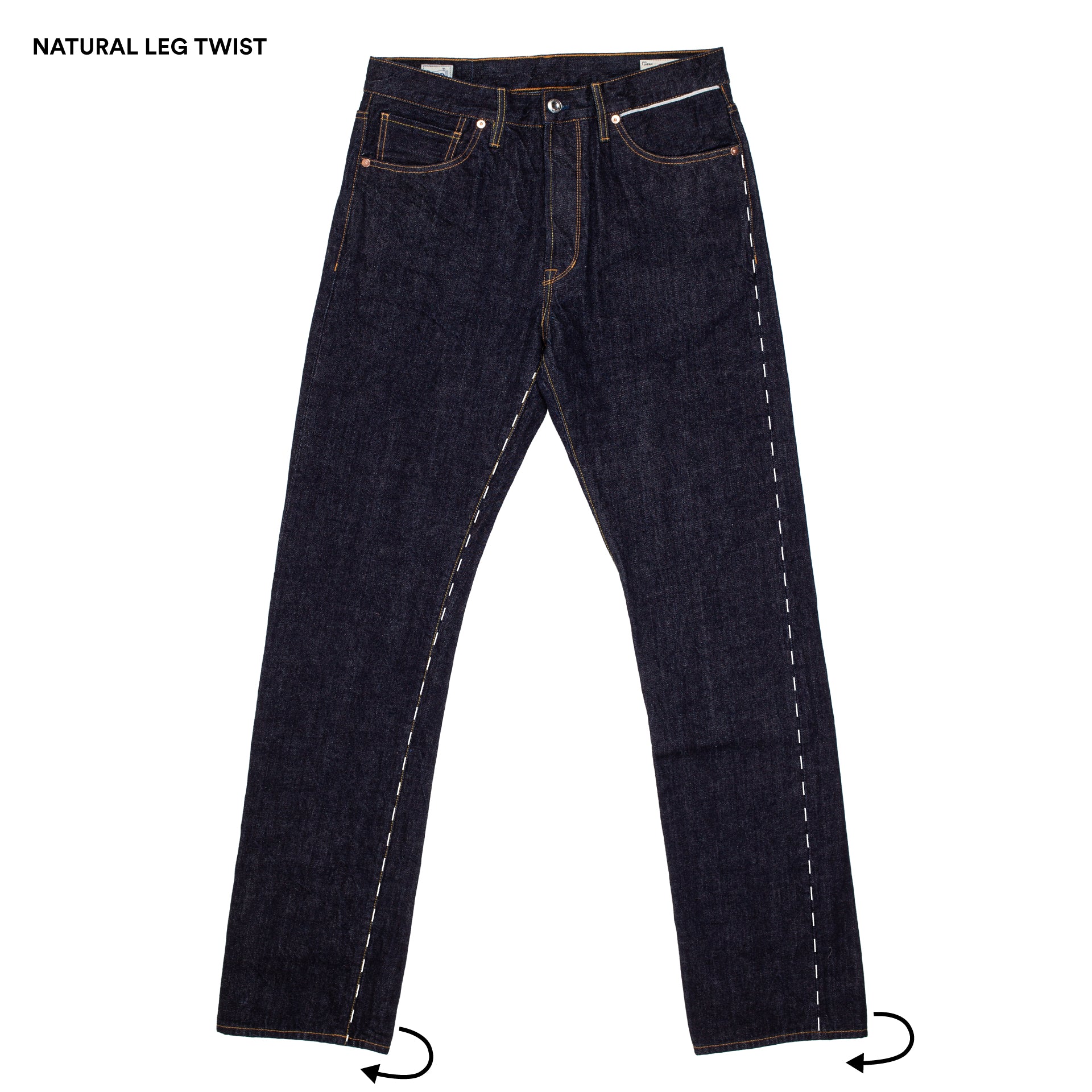 Jeans showing natural leg twist after washing