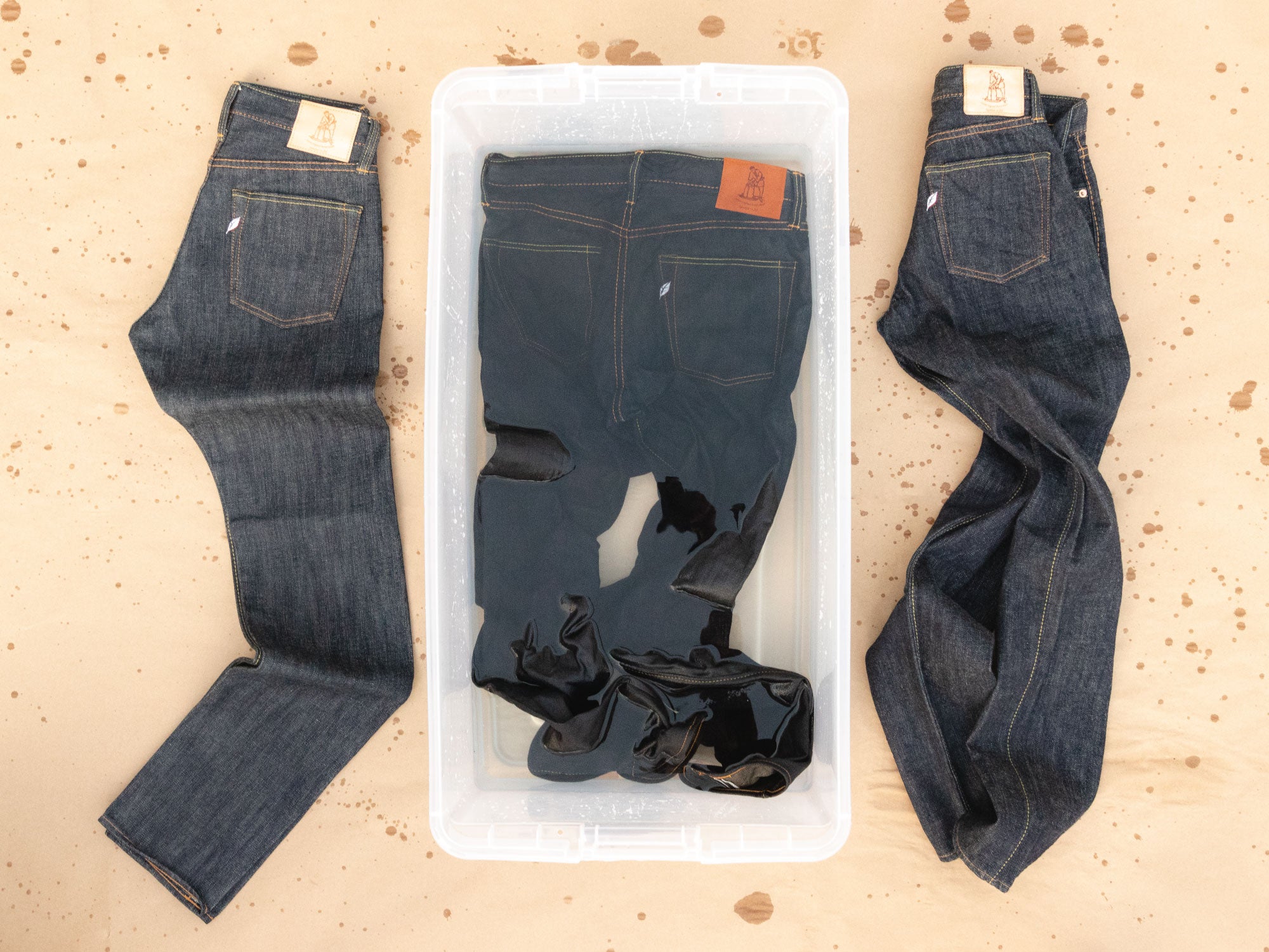 Unsanforized raw denim before, during, and after soaking