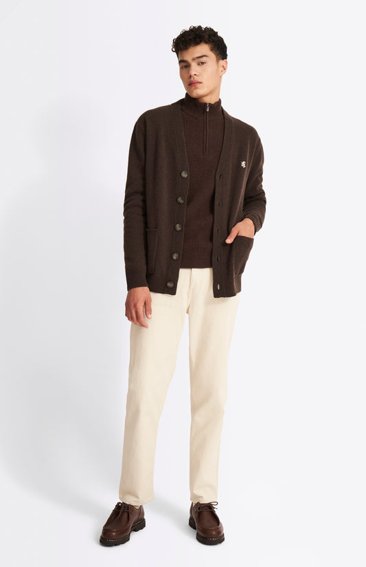 Brown button-front V-neck cardigan with a ribbed hem
