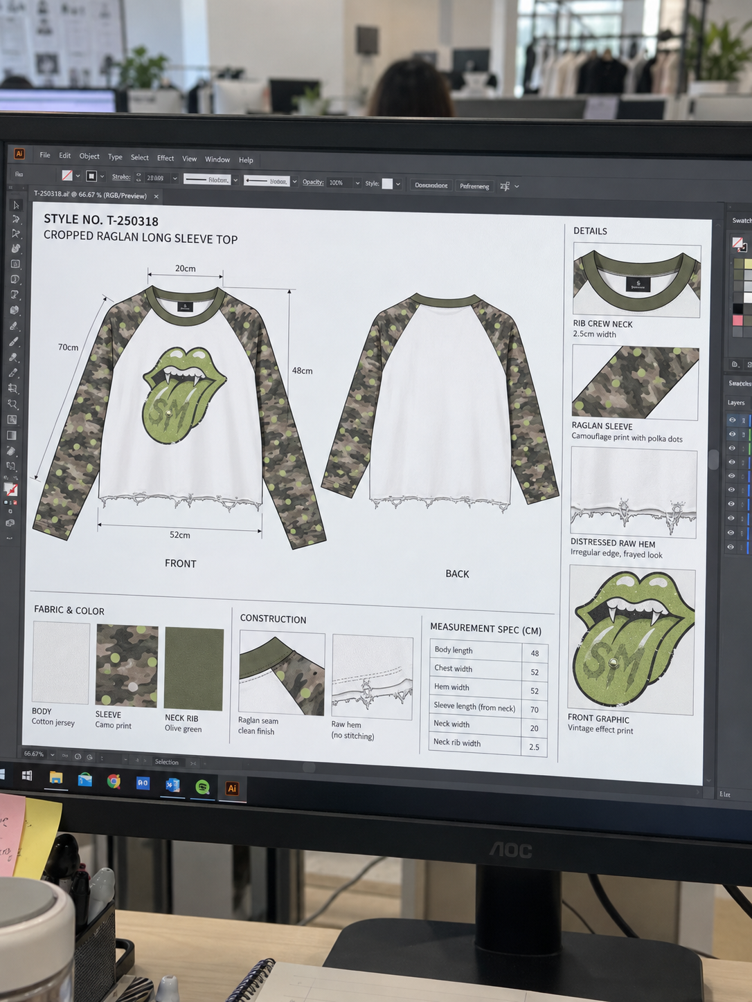 Technical development sheet: silhouette, raglan construction, material placement and target measurements.