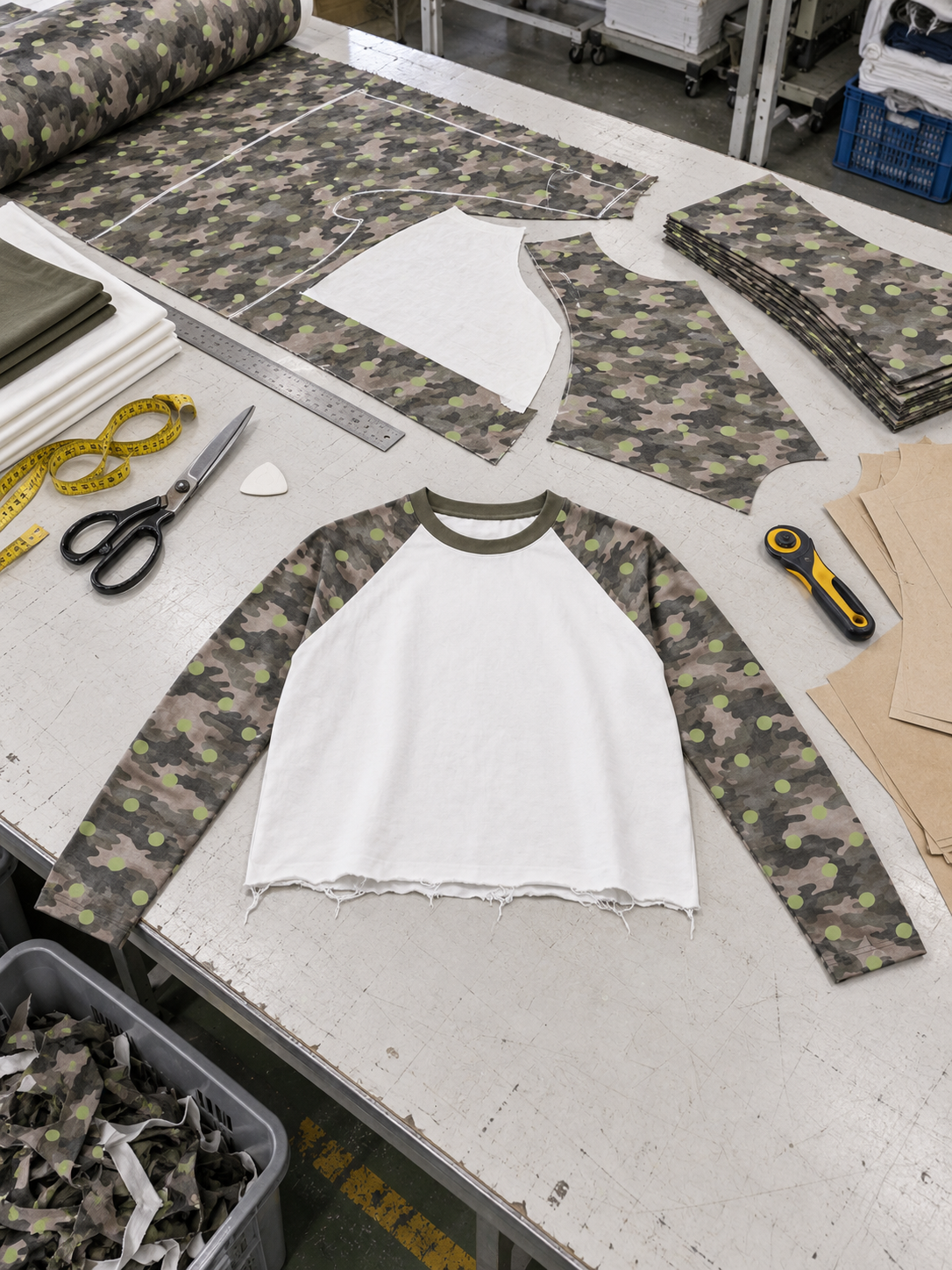 Cut-panel review: camouflage sleeve pieces, contrast body and construction preparation.