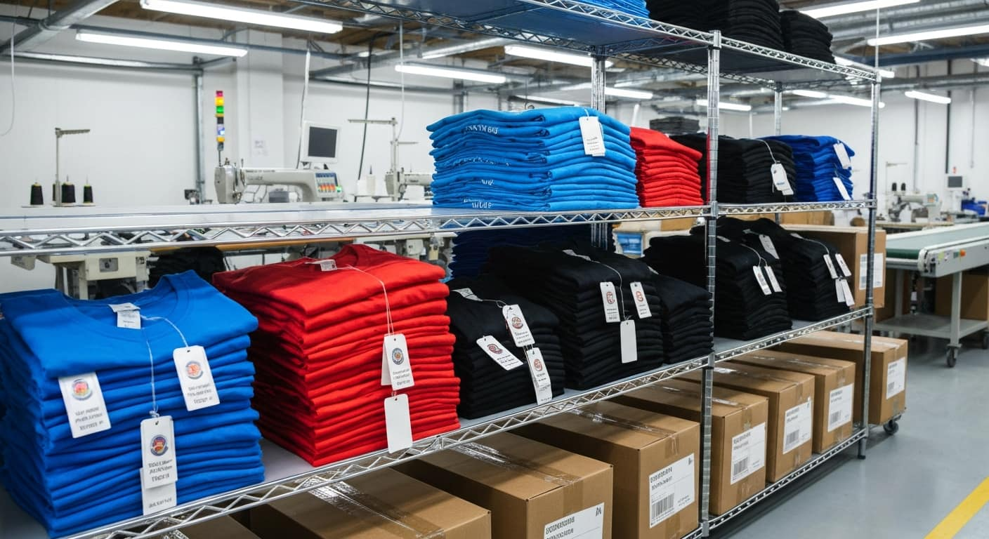 Stacks of private label T-shirts with garment tags in a printing facility