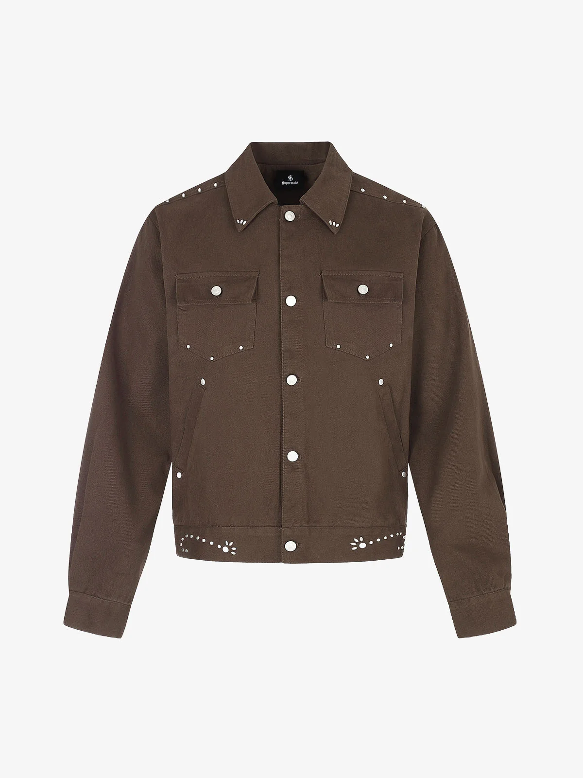 A cropped studded denim jacket photographed flat, showing the boxy cut and the hardware across the front