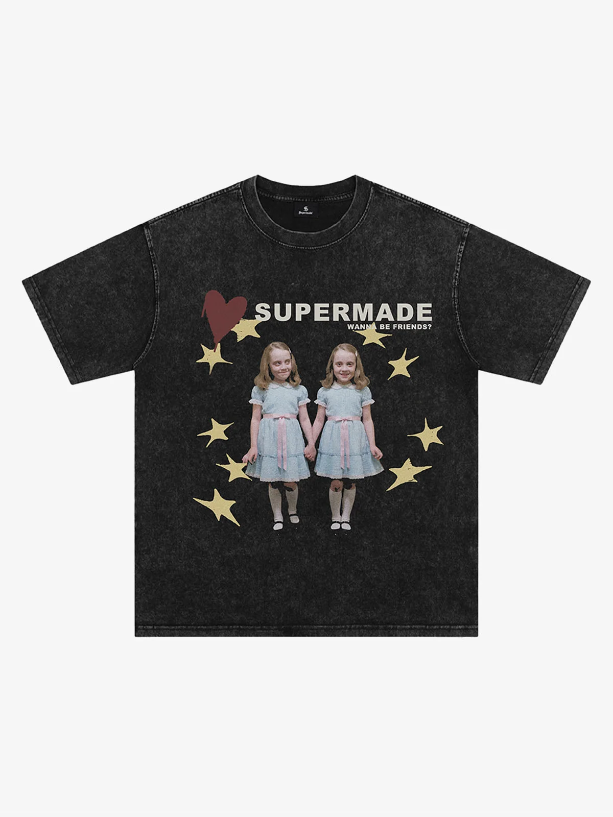 A washed and distressed short sleeve tee carrying a printed graphic across the chest