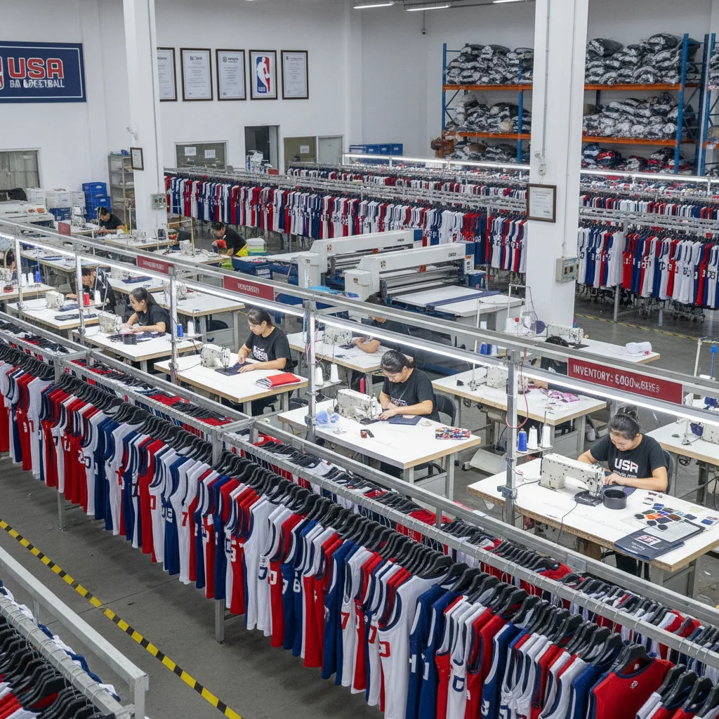 Basketball jersey production floor with sewing operators and finished team jerseys