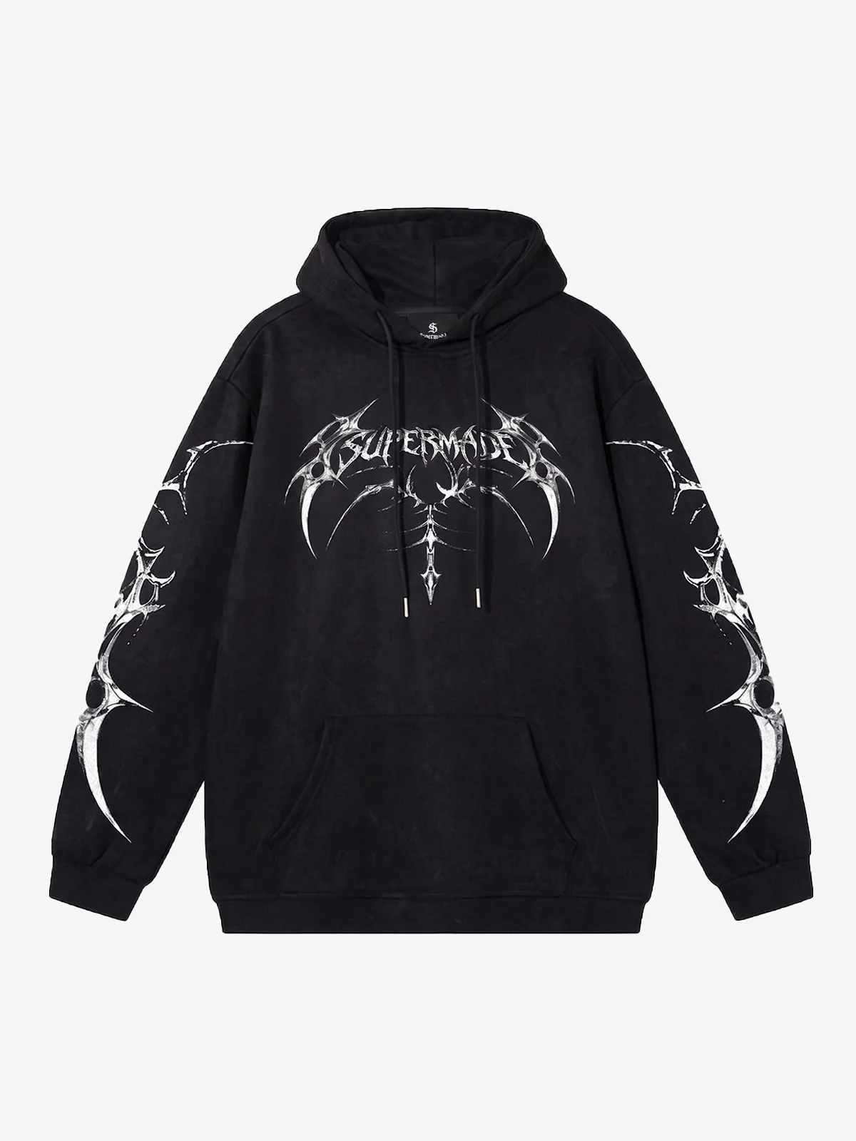 Black pullover graphic hoodie with sleeve graphics