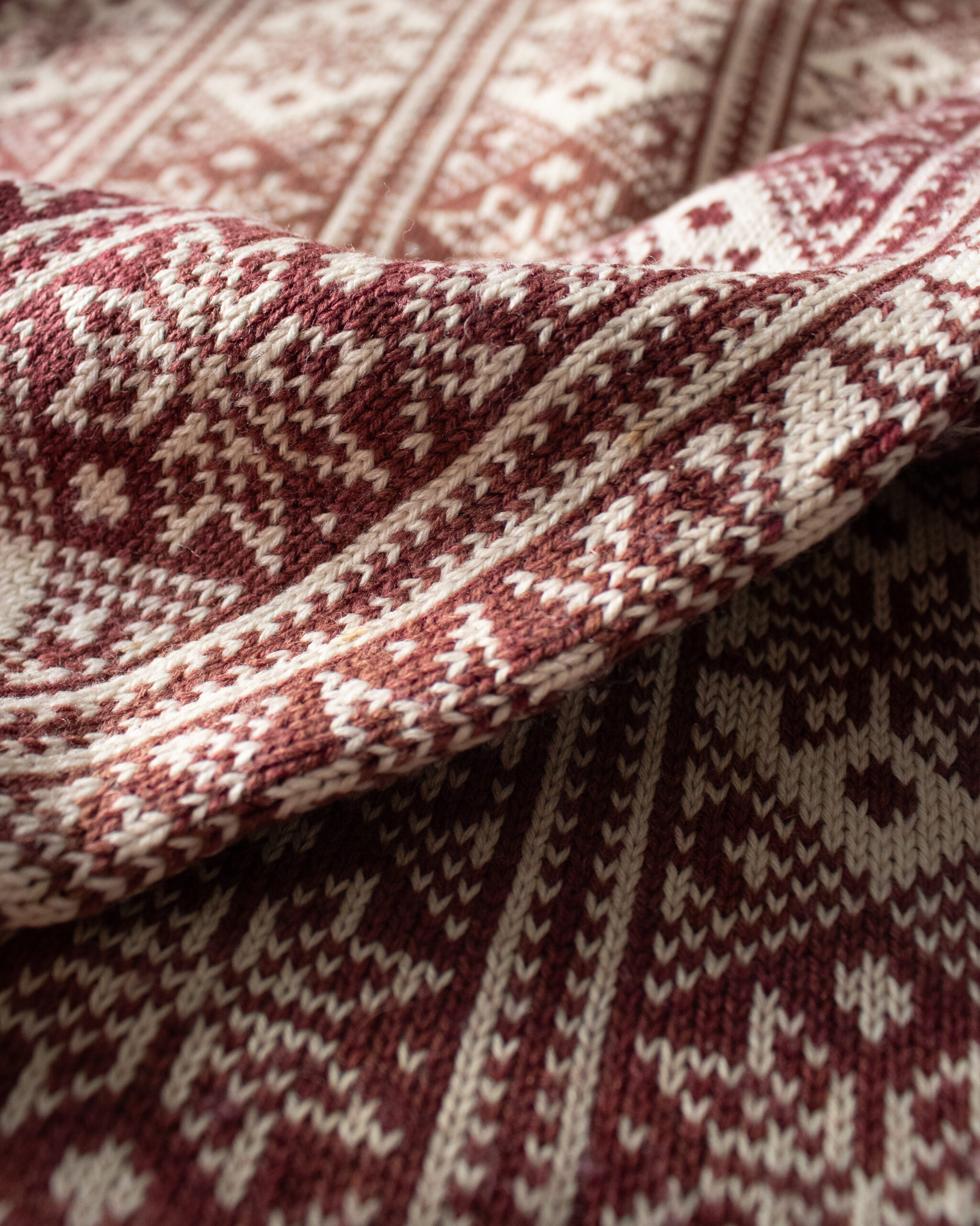 Close view of repeated Fair Isle color motifs.
