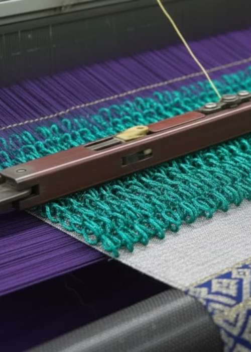 Close view of velvet pile loops being formed on a loom before the raised surface is cut.