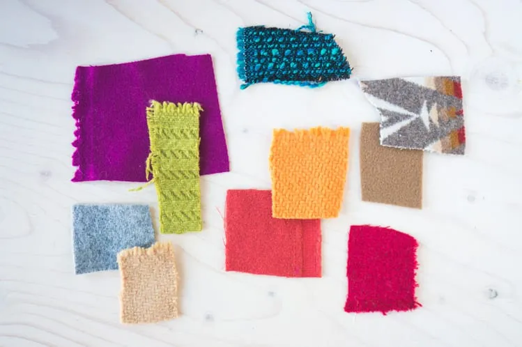 Coating fabric reference: wool fabric swatches with different colors, weaves and surface textures