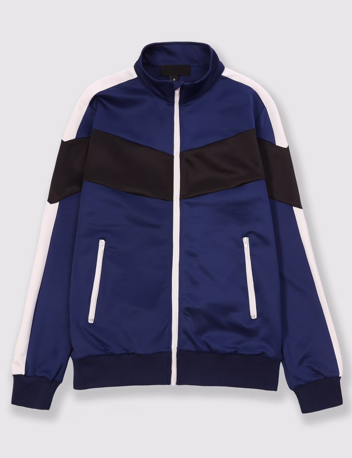 Color-block track jacket showing separate chest and sleeve panels