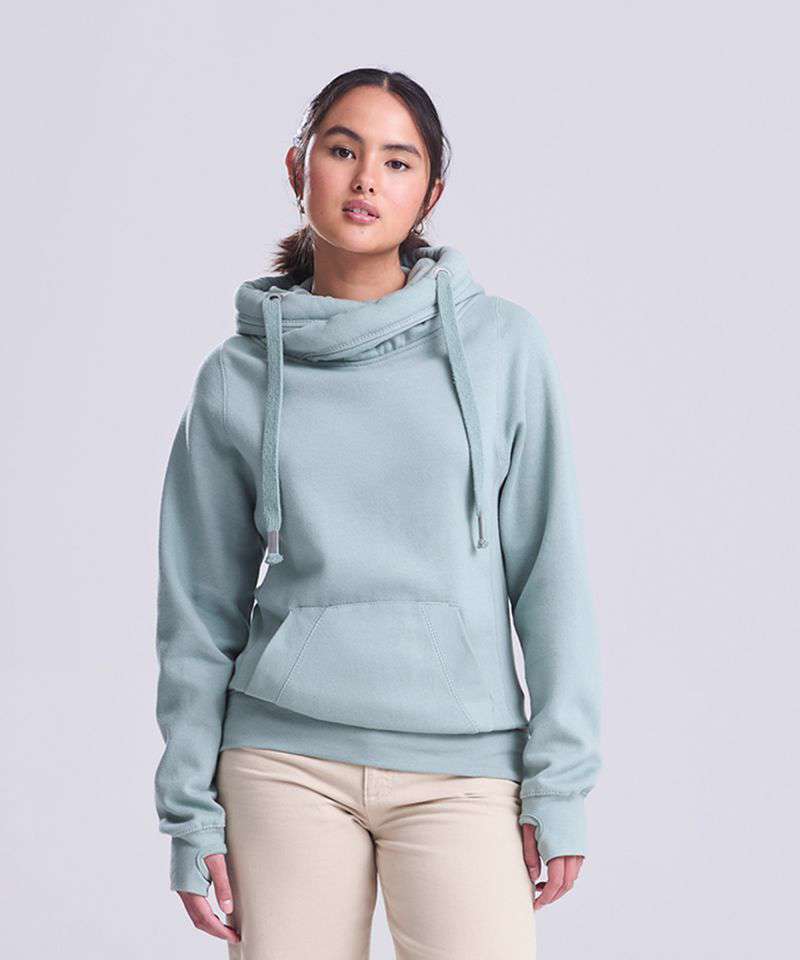 Cross-neck hoodie with an overlapping high neckline