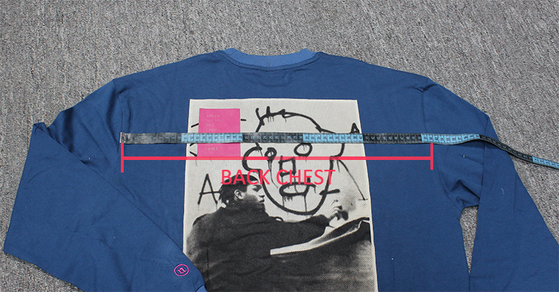 External inspection reference: back chest width measured on a T-shirt laid flat