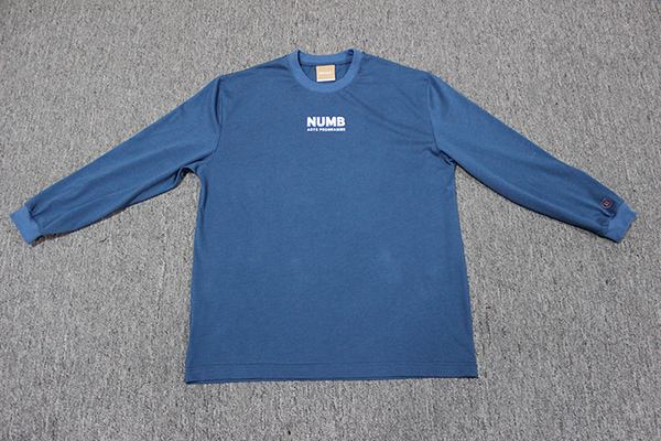 External measurement reference: a blue long-sleeve T-shirt laid flat for checking body and sleeve proportions