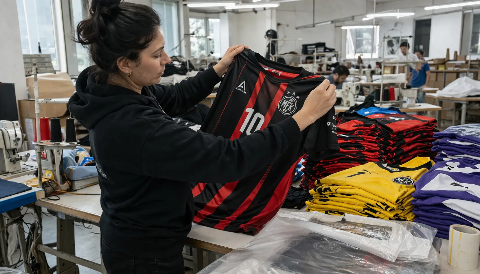 Finished numbered sports jersey being inspected in a garment factory