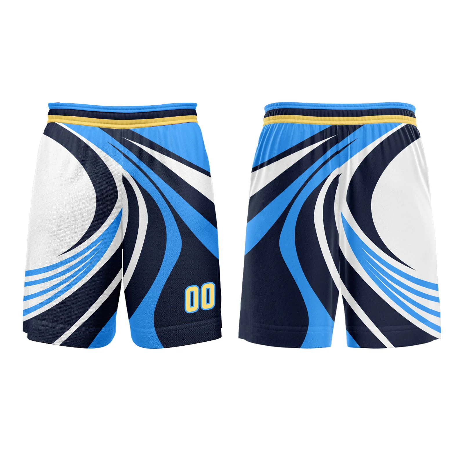 Front and back views of custom basketball shorts