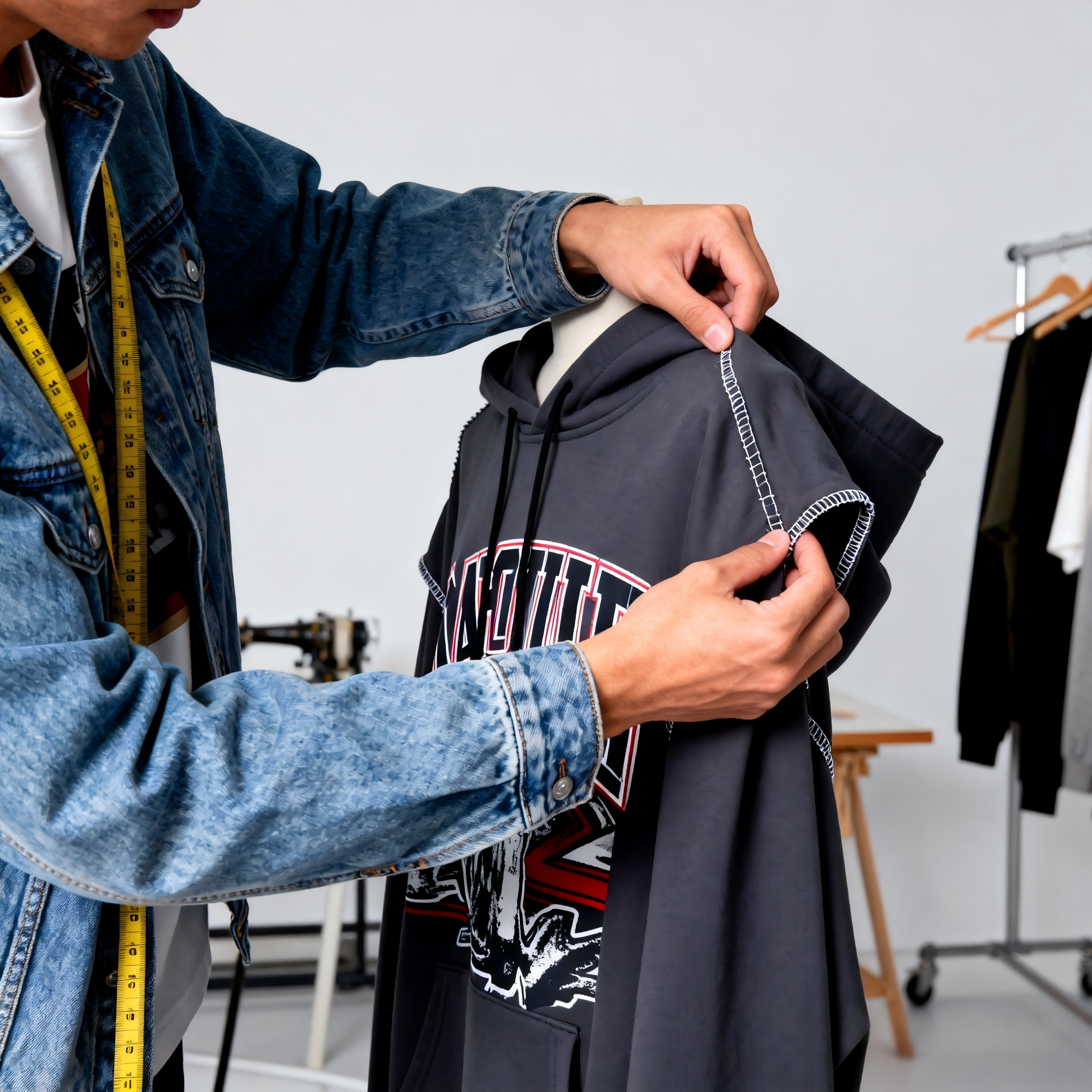 Garment sample inspection at a worktable