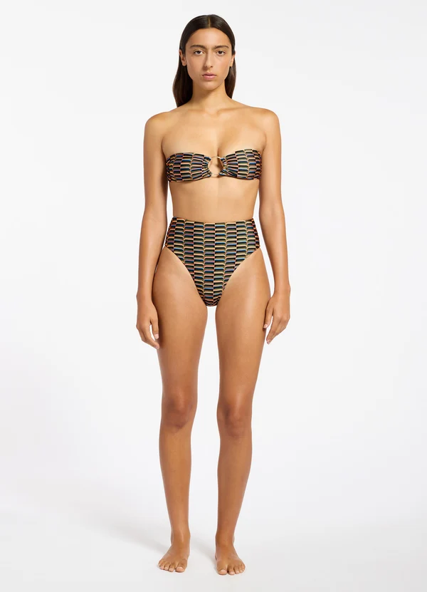 Geometric-print bikini with a high-waisted bottom and high-cut leg openings