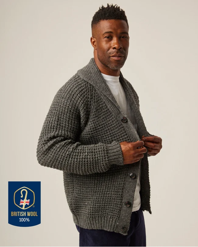 Grey cardigan with a rolled shawl collar.