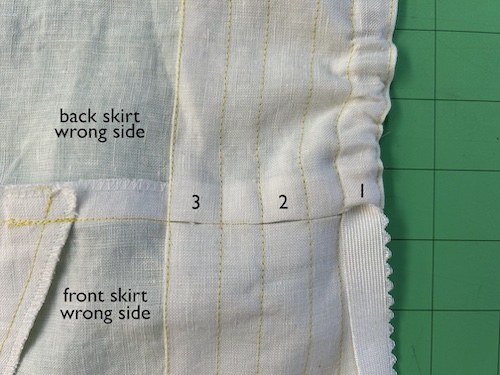 Inside of a skirt showing separate elastic channels and gathered casing