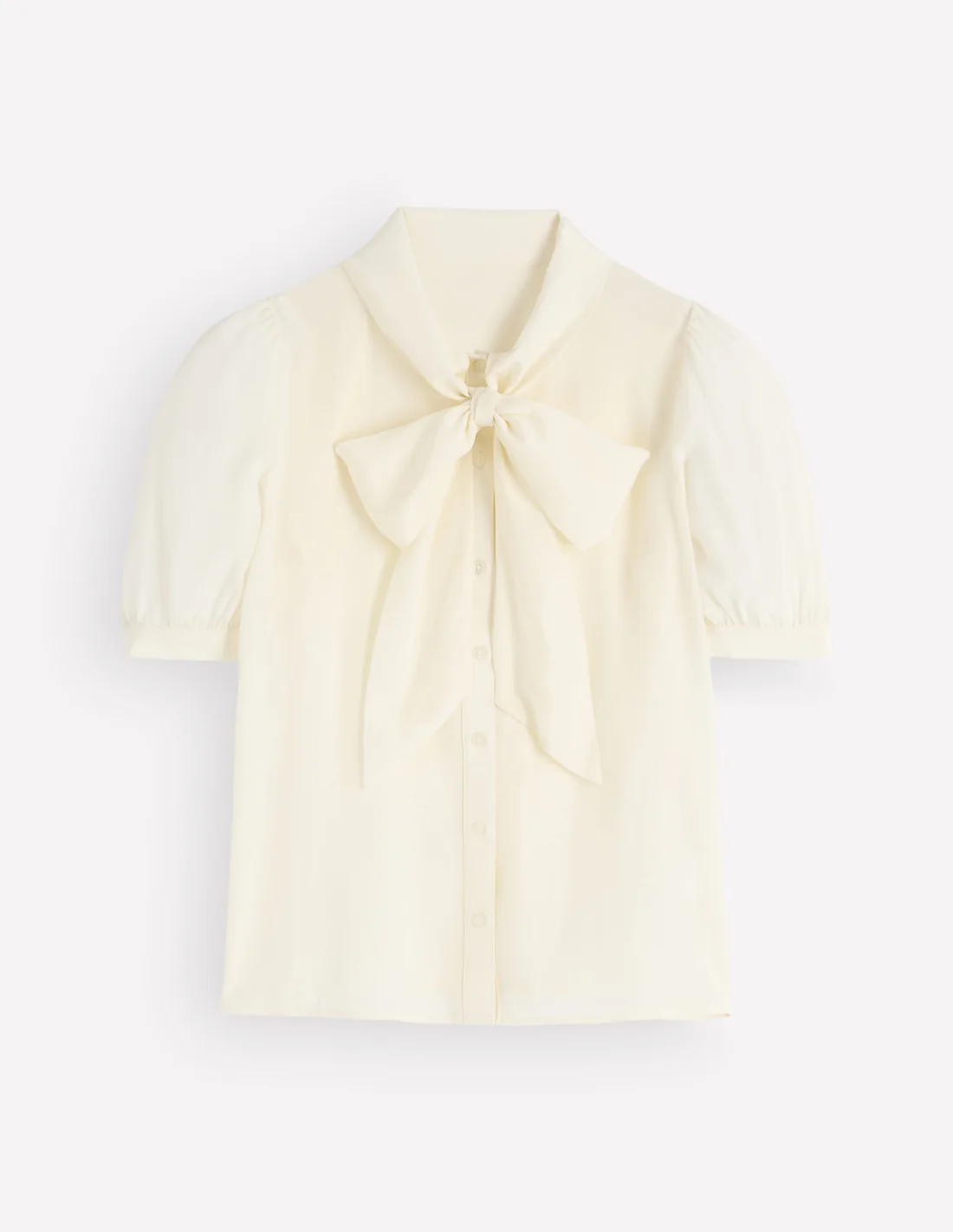 Ivory silk bow-neck blouse shown flat, with a large tied bow, short gathered sleeves and a button front