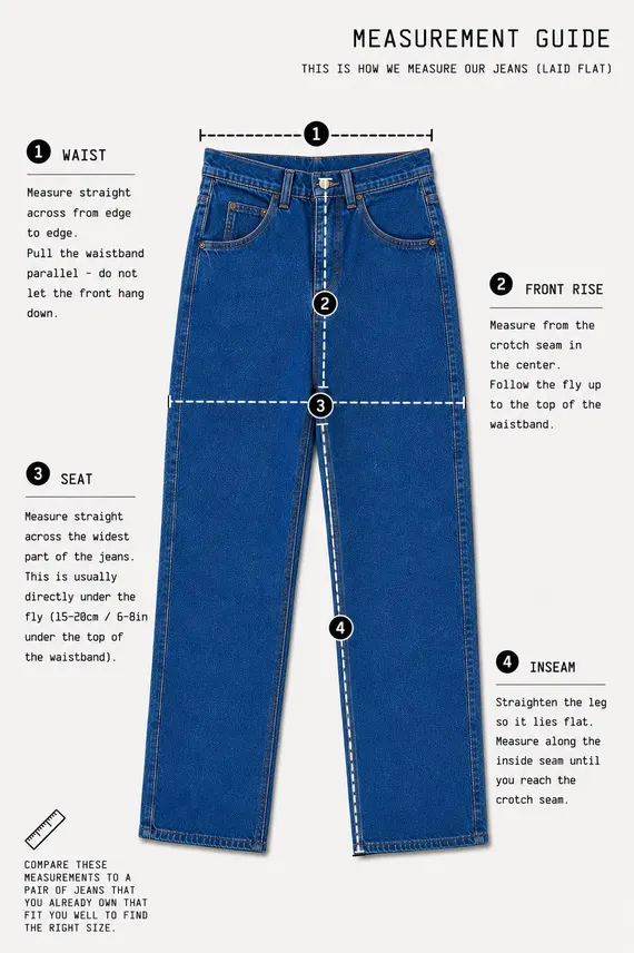 Jeans laid flat with production measurement references for waist, front rise, seat and inseam