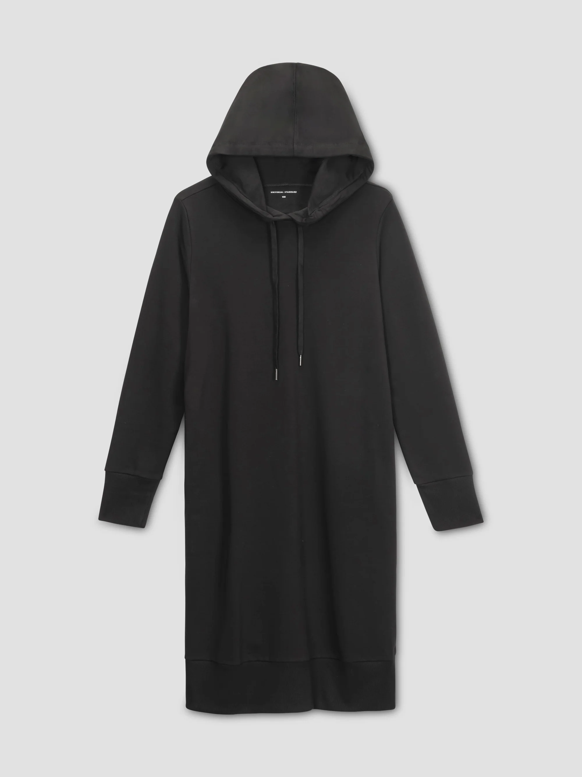 Long black hooded sweatshirt dress with an extended body length